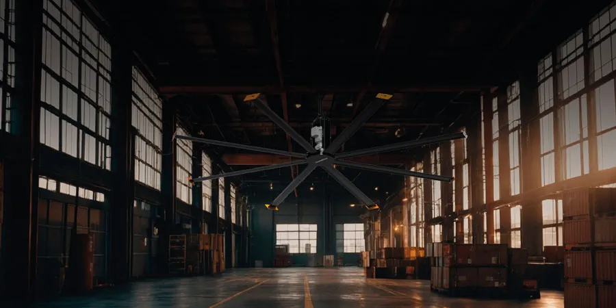 Ventilador HVLS Visoflex em ambiente industrial com produtos armazenados